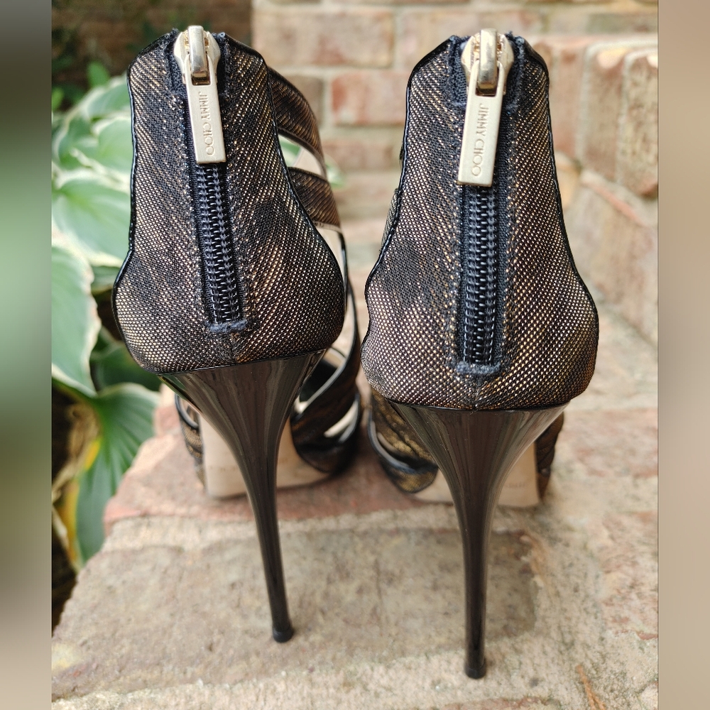 JIMMY CHOO 142 "COLLAR" ZEBRA LAME GLITTER SANDAL, BLACK/AMBER 39 - Picture 10 of 16
